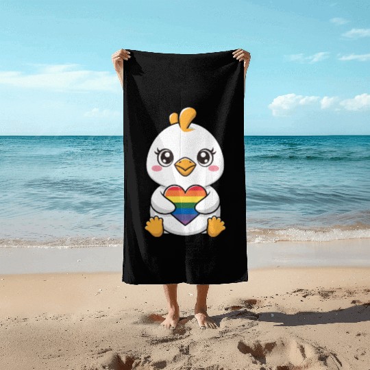 Adorable Chick Holding Rainbow Heart LGTBQ Beach Towels