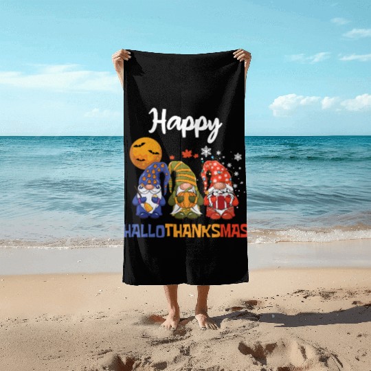 Happy Hallothanksmas Halloween Thanksgiving Gnome Beach Towels