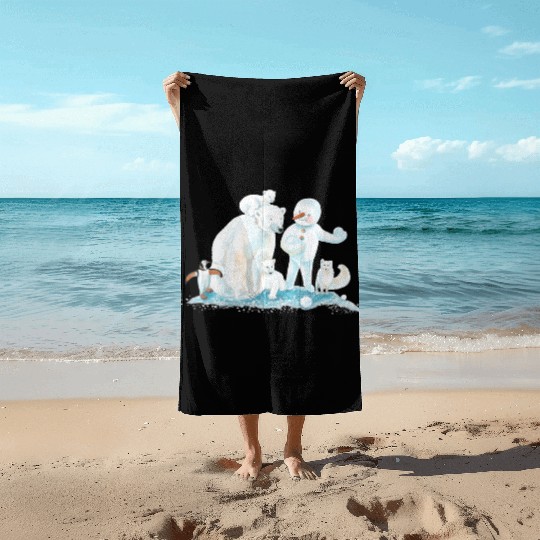 Polar Animals and Snowman in Ice Cold Winter Beach Towels
