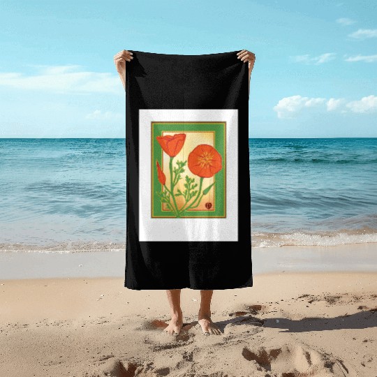 California Poppies illustration poster Beach Towels