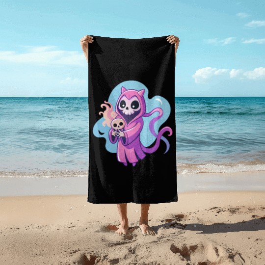 skeletal figure, violet pink robe, lavender puppy Beach Towels