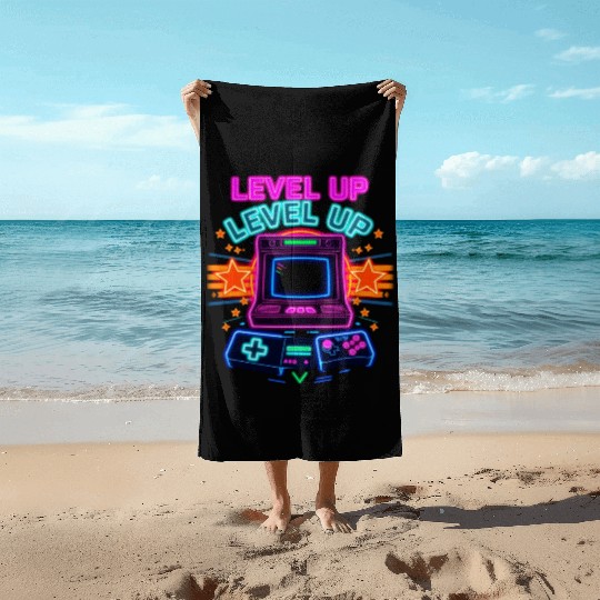 Neon Arcade Glory: Level Up Beach Towels