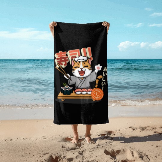 Sushi Chef Cat Adorable Culinary Cat Design Beach Towels