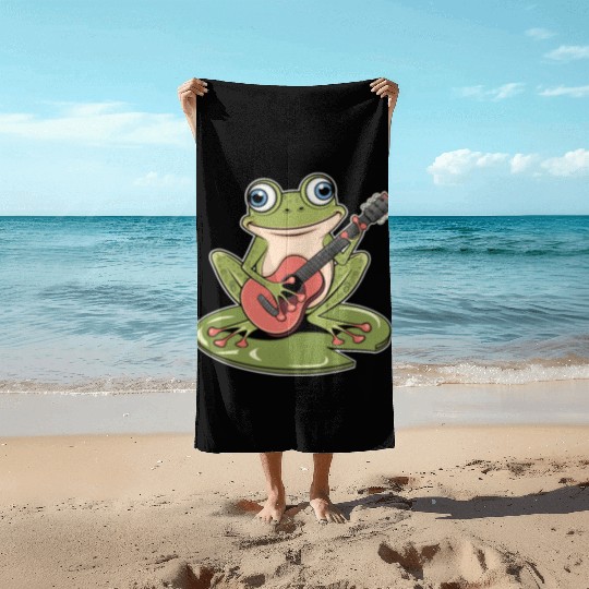 Frog Playing Guitar On Lily Pad Beach Towels