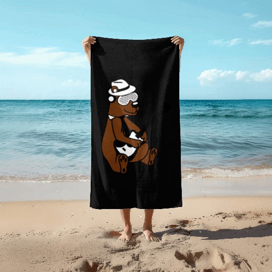 Cool Sitting Grizzly Brown Bear Playing Guitar Fun Beach Towels