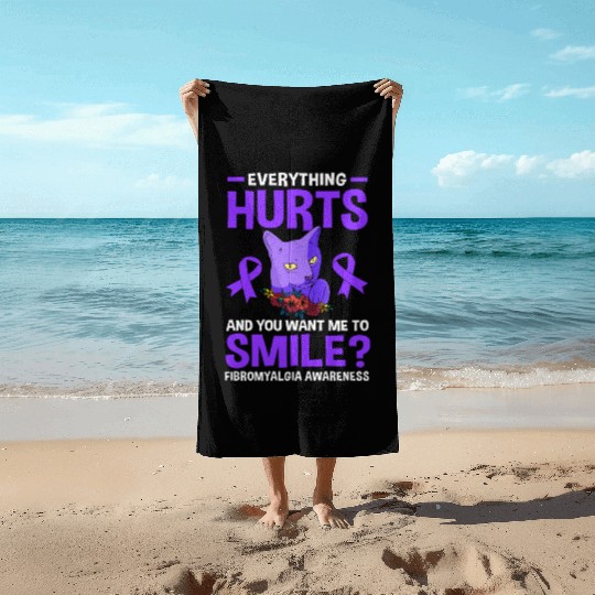 Everything Hurts Cat Purple Ribbon Fibro Awareness Beach Towels
