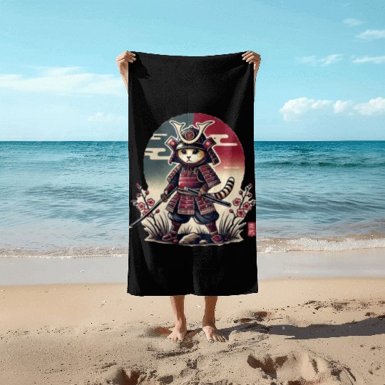 Samurai Cat: Vintage Ukiyo-e Warrior Art Beach Towels