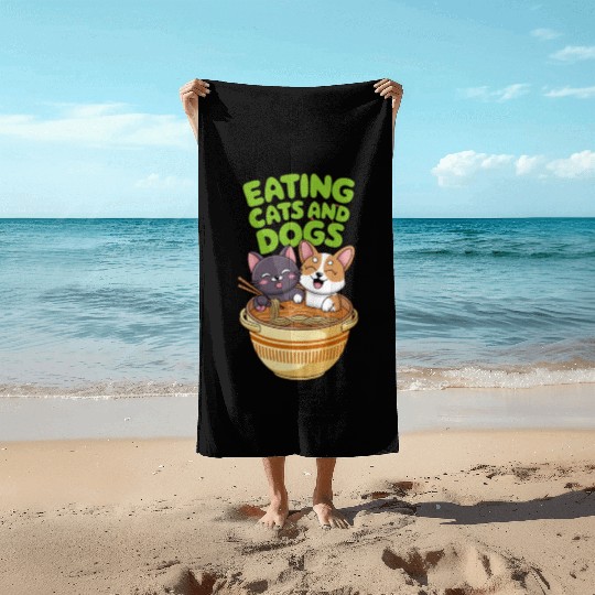 funny Cat and Dog in Ramen political Beach Towels