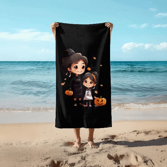 Mother and Daughter Halloween Trick-or-Treat Fun Beach Towels