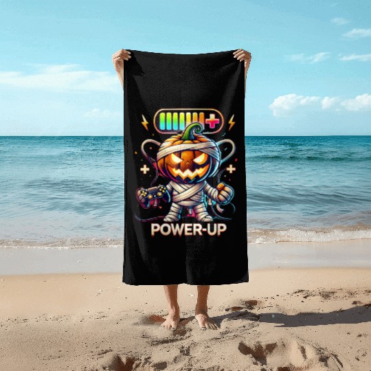 Pumpkin Mummy Gamer Wrapped in Halloween Fun Beach Towels