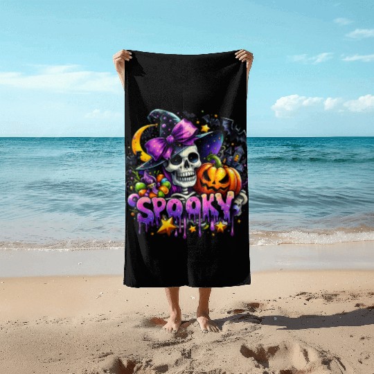 Halloween Spooky Season Witch Skeleton Beach Towels