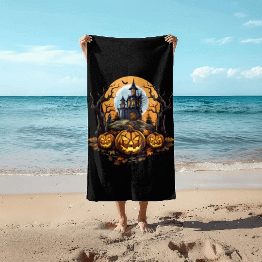 Spooky Haunted House Halloween Witches Pumpkin Beach Towels