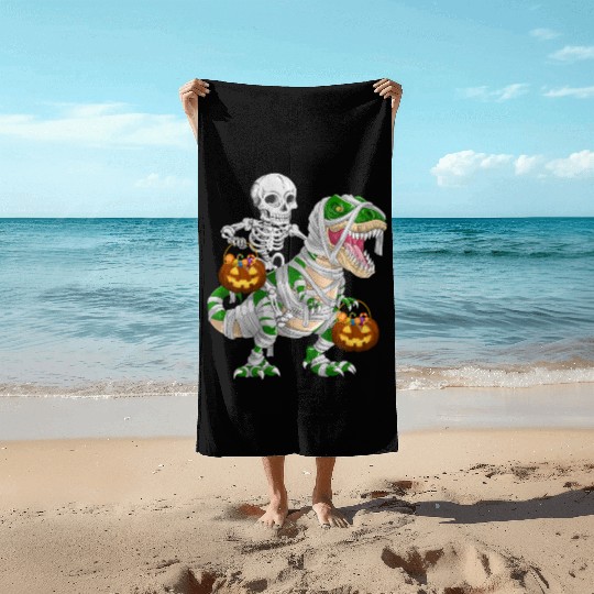Skeleton Riding Mummy Dinosaur T rex Halloween Beach Towels