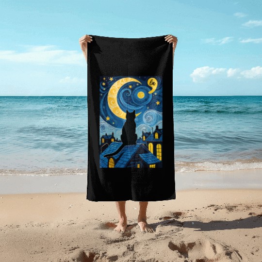 Halloween Starry Night Black Cat Comma La Harris Beach Towels