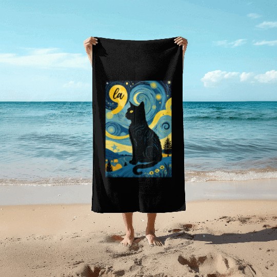 Halloween Starry Night Black Cat Comma La Harris Beach Towels