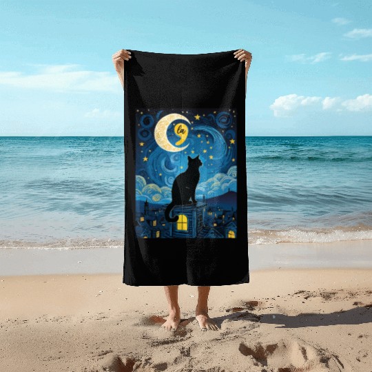 Halloween Starry Night Black Cat Comma La Harris Beach Towels