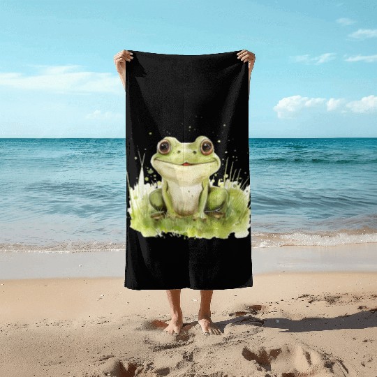 Cute Baby Frog Watercolor Beach Towels