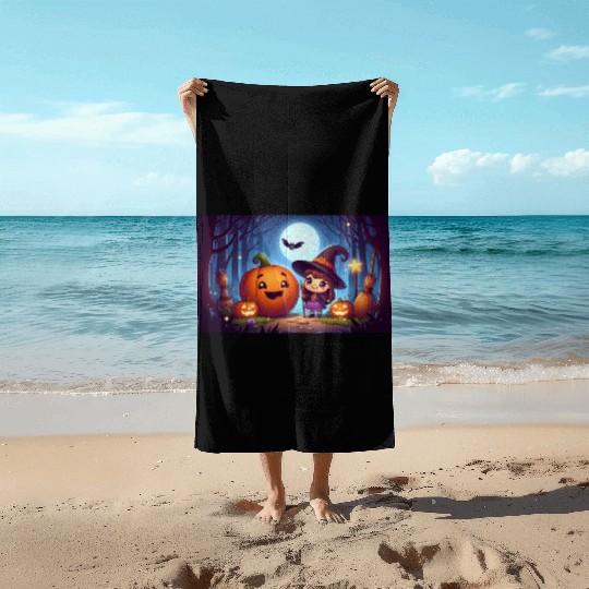 Halloween Witch and Jack-o'-Lantern Scene Beach Towels