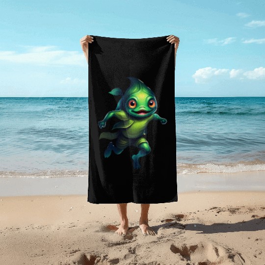 Green Monster Fish Floating in the Deep Sea Beach Towels