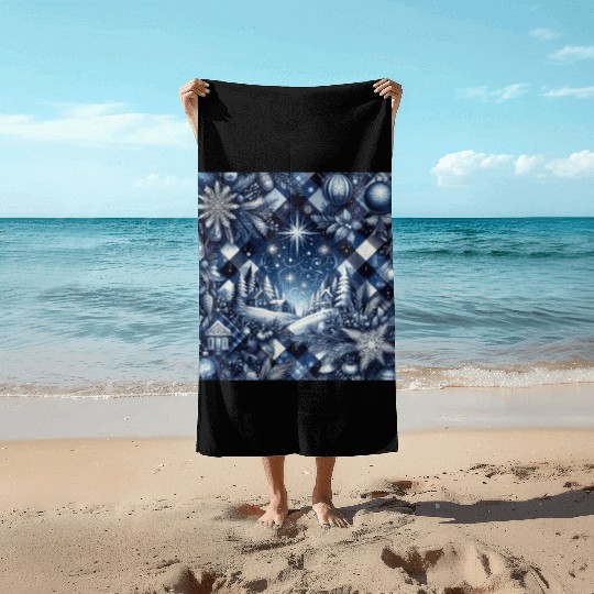 flannel blue and white christmas Beach Towels