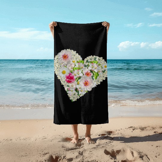 heart of flowers blossoms daisy tulip pink peony Beach Towels