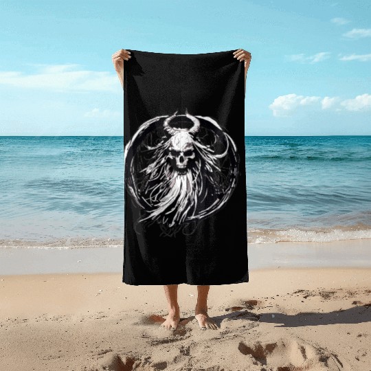 Dark Mythical Skull with Horns Design Beach Towels