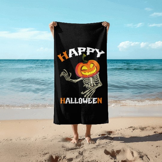 Trick Or Treat Happy Halloween Pumpkin Skeleton Beach Towels
