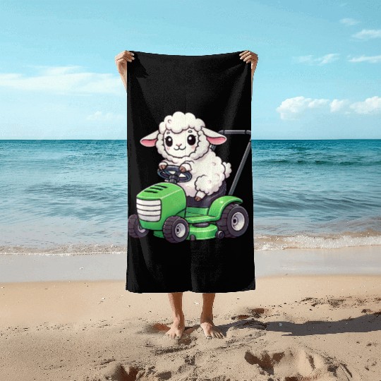Funny sheep lawn mower farmer lamb grass Beach Towels