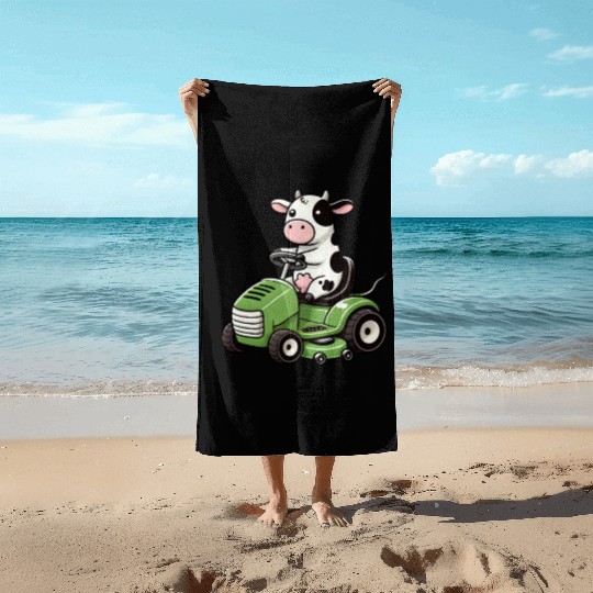 Funny cow as lawn mower farmer grass Beach Towels