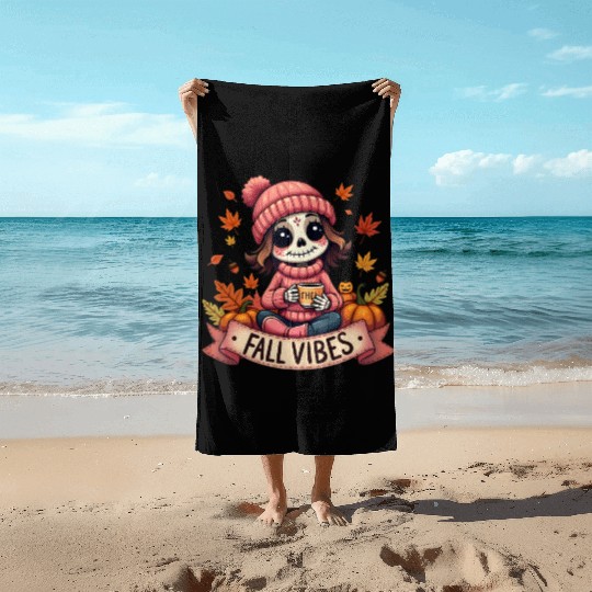 cozy Fall Skeleton Cute Autumn Vibes Halloween Beach Towels