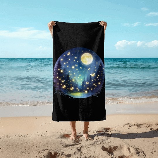 Moonlit Fireflies Beach Towels