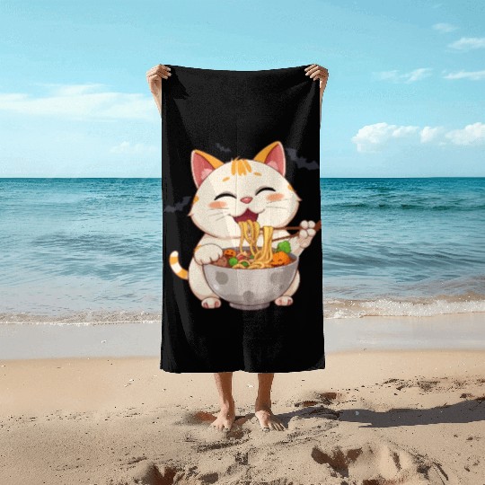 cat ramen Halloween anime kawaii neko eating noodl Beach Towels
