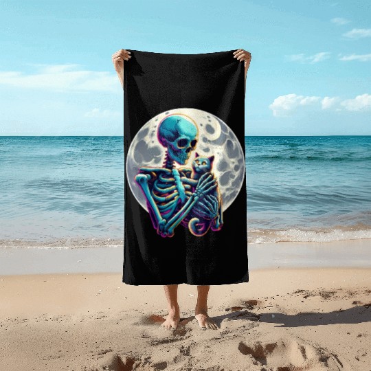 Skeleton Cute Cat Skull Kitty Halloween Beach Towels
