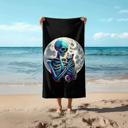 Skeleton Cute Cat Skull Kitty Halloween Beach Towels