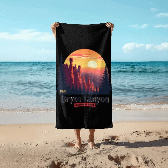Bryce Canyon National Park Retro Illustraion V 02 Beach Towels