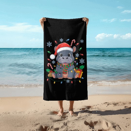 Cute Christmas Hippo - Holiday Lights and Gifts Beach Towels
