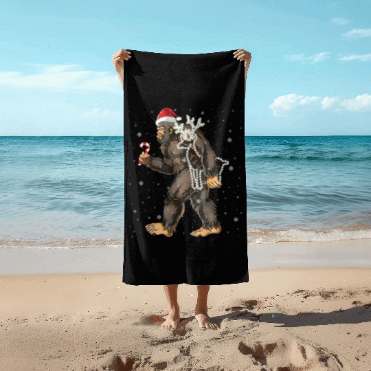 Bigfoot Carrying Deer Lights Xmas Sasquatch Lover Beach Towels