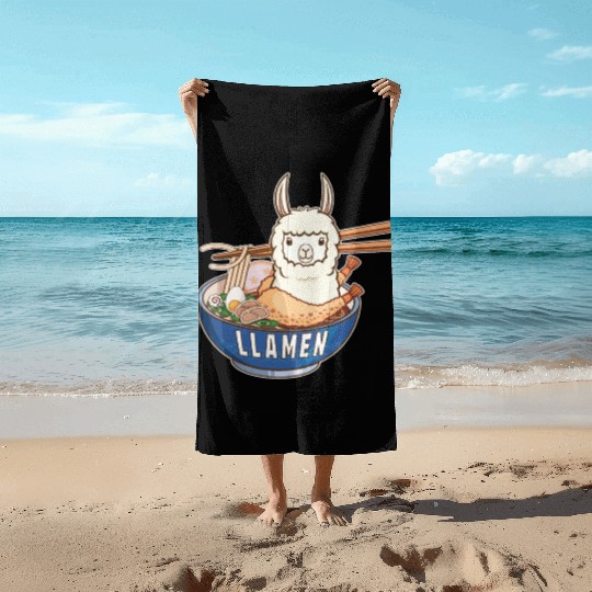 Funny, Llama, Ramen, Anime, Kawaii, Eating Noodles Beach Towels