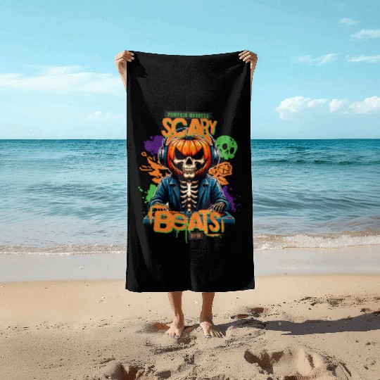 Pumpkin Madness Scary Beats Halloween DJ Design Beach Towels