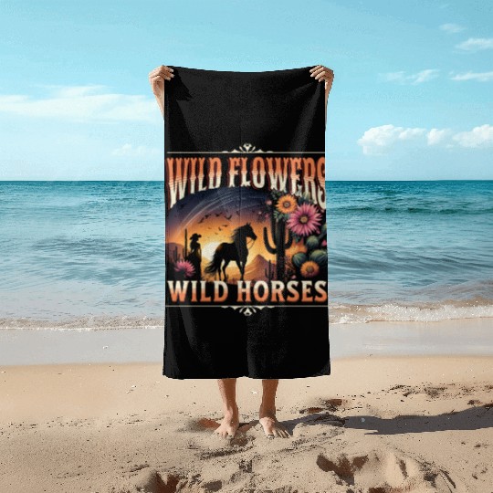 Wild Horses Cowgirl Women's Wildflowers And Horses Beach Towels