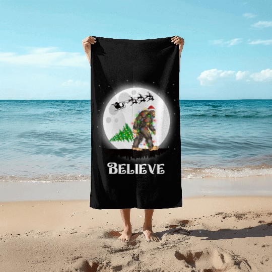 Bigfoot Christmas Tree Lights Believe Sasquatch Beach Towels