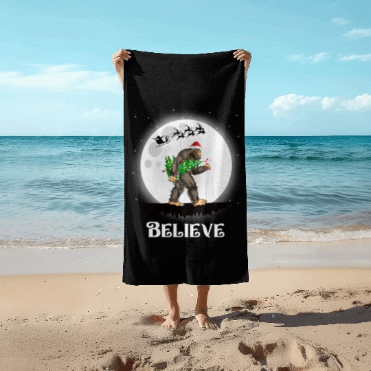 Bigfoot Christmas Tree Lights Believe Sasquatch Beach Towels