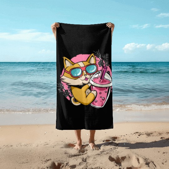 Kitten Kawaii Boba Milk Tea Drinking Cat Beach Towels