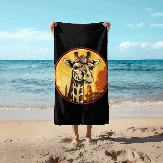 Firefighter giraffe Beach Towels
