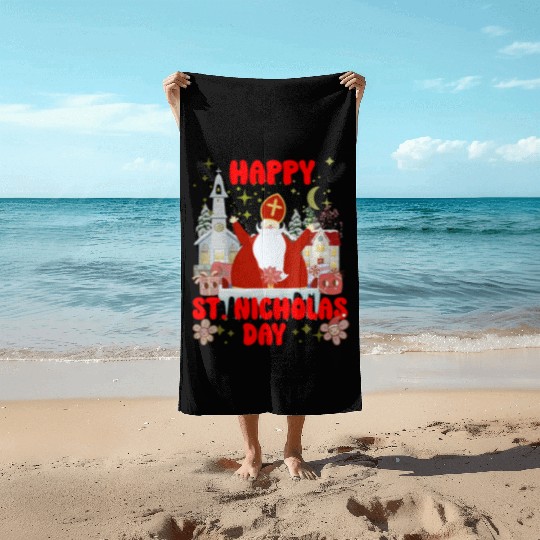 Happy saint Nicholas dayretro logo Beach Towels