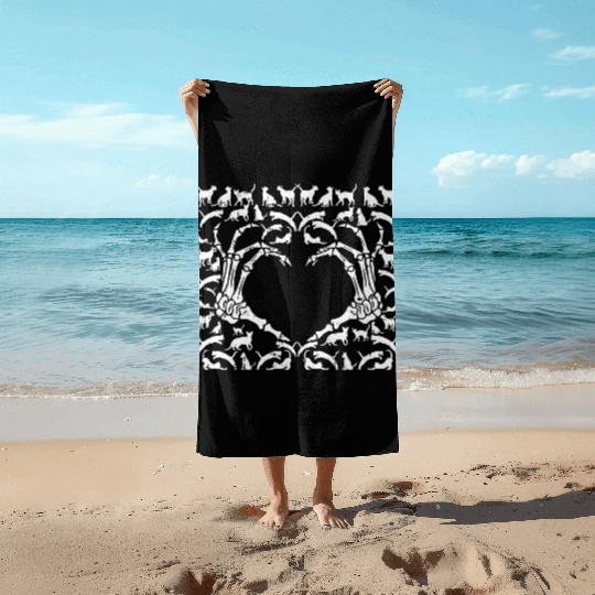 Skeletal Cat-titude: A Spooky Love Beach Towels