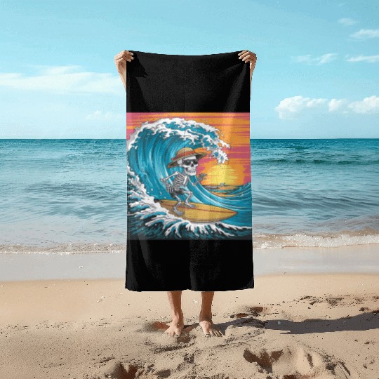 Surfing Skeleton Vibes Surfing Lifestyle Retro Beach Towels