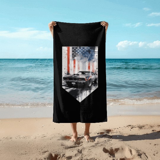 Rev up your patriotism - Muscle car and usa flag Beach Towels