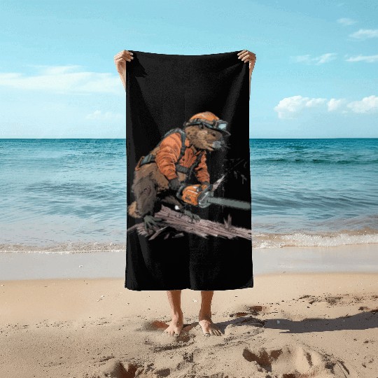 Beaver Lumberjack Chainsaw Beach Towels