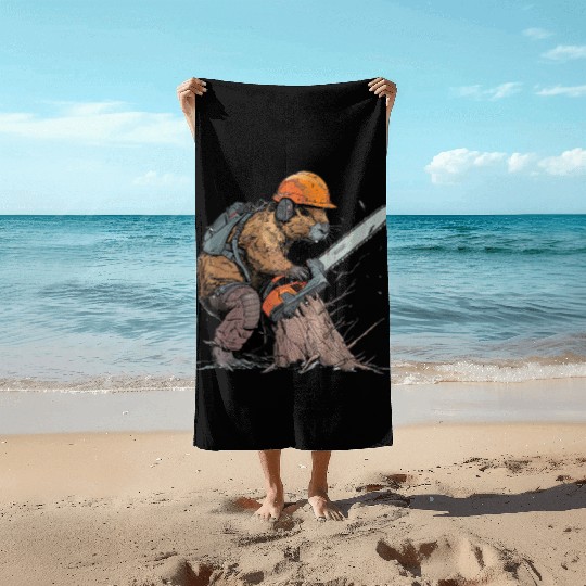 Beaver Lumberjack Chainsaw Beach Towels